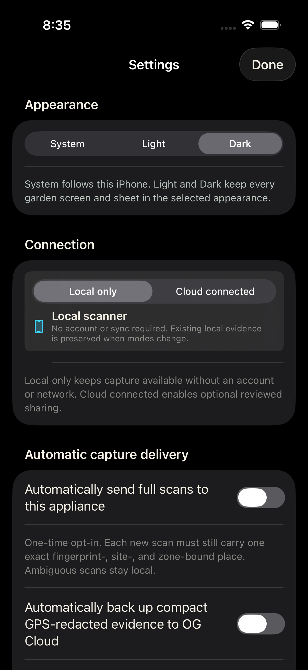 OG Scanner Settings in Dark appearance with Local only selected and automatic delivery off