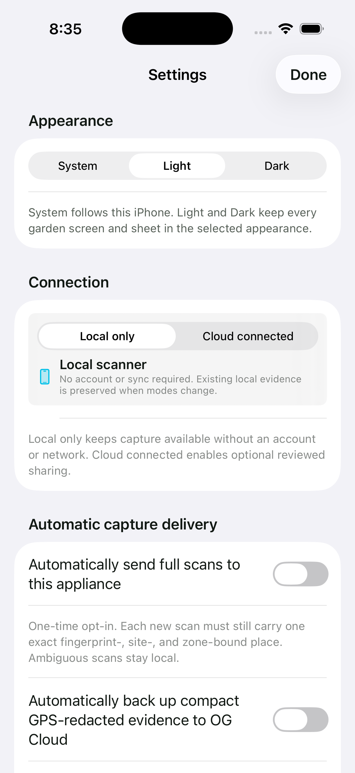 OG Scanner Settings with appearance and Local only choices